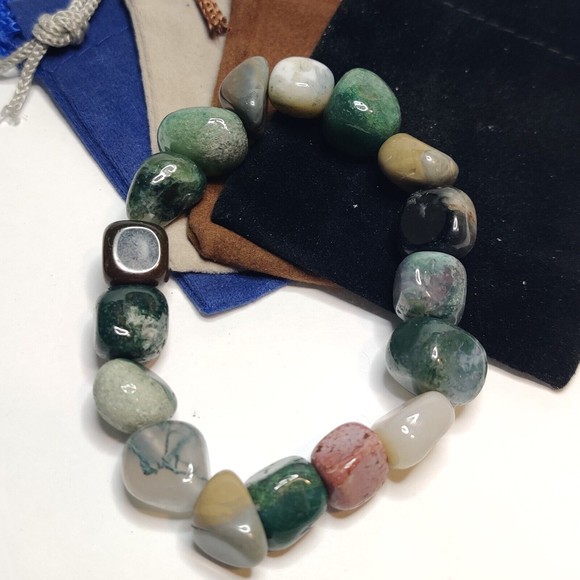 FANCY JASPER STRETCHY NUGGET BRACELET NATURAL STONE w/ FREE FELT POUCH - Picture 2 of 7